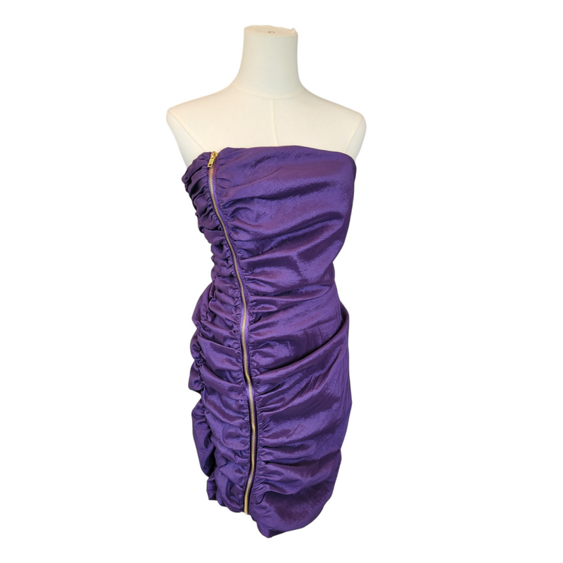 Calvin Klein Bodycon Michelle Pfeiffer Inspired Cocktail Dress in Purple Ruched Taffeta, Size 8