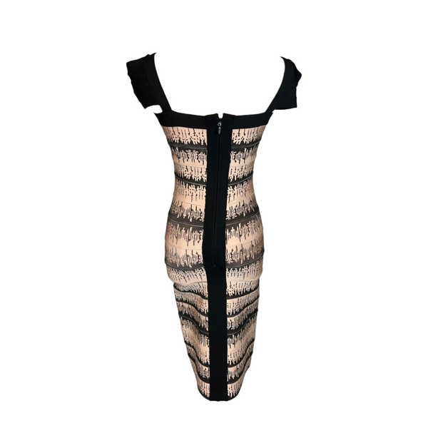 Herve Leger Elegant Nude/Black Dress with Capped Sleeves and Square Neckline, Size Small