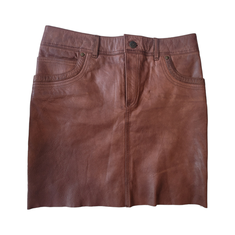 Indigo-Vintage Brown Leather Skirt Small Casual Style in Denim Cut Five Pocket With Belt Loops