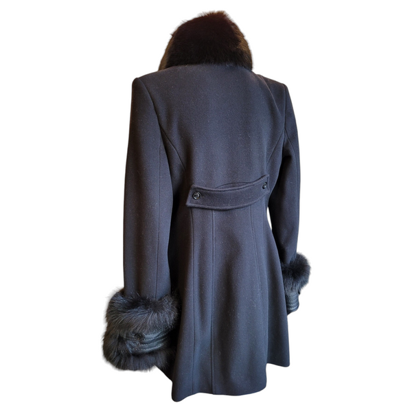 Flavio Castellani Black Single Breasted Coat with Fox Fur Finish, Size 42