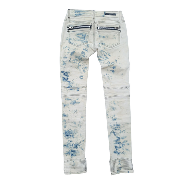 RockStar Distressed Biker Jeans in White/Blue Tie Dye, Size 26