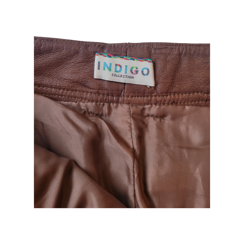 Indigo-Vintage Brown Leather Skirt Small Casual Style in Denim Cut Five Pocket With Belt Loops