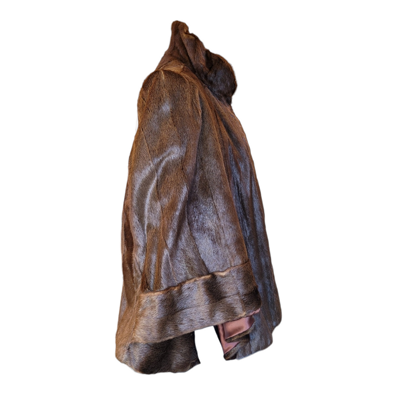 Bespoke Unique Mink Fox Beaver Fur Jacket Cape Coat in Reddish Brown, Size Small/Medium