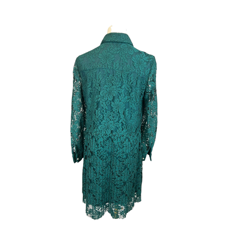 Zara Basic Elegant Emerald Green Lace Dress with Faux Pearl Buttons, Size Small