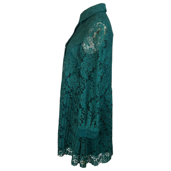 Zara Basic Elegant Emerald Green Lace Dress with Faux Pearl Buttons, Size Small