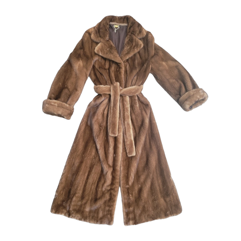 Bespoke Belted Real Mink Full Length Coat by SAGA Furs in Brown, Size 10/12/14 (Copy)