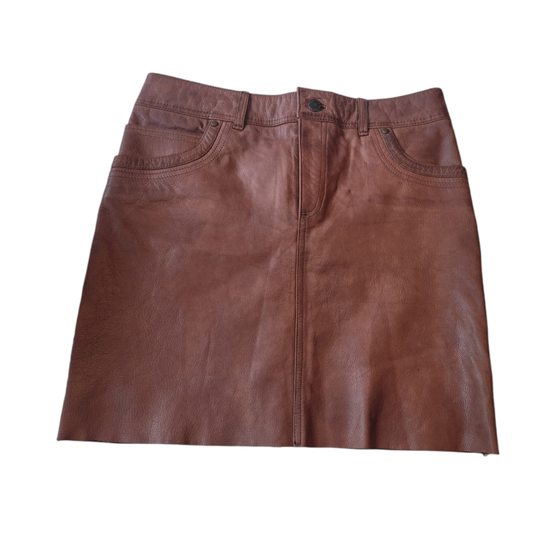 Indigo-Vintage Brown Leather Skirt Small Casual Style in Denim Cut Five Pocket With Belt Loops