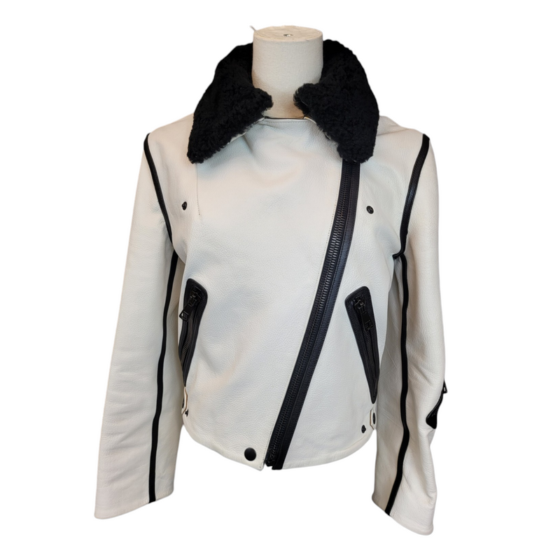 Acne Studios Limited Edition White Leather Bomber Jacket with Black Leather Outline, Size36