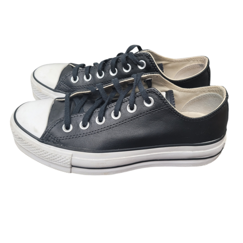 Converse Black Leather Platform Trainers with White Toe Cap UK5.5