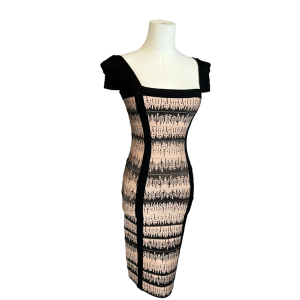 Herve Leger Elegant Nude/Black Dress with Capped Sleeves and Square Neckline, Size Small