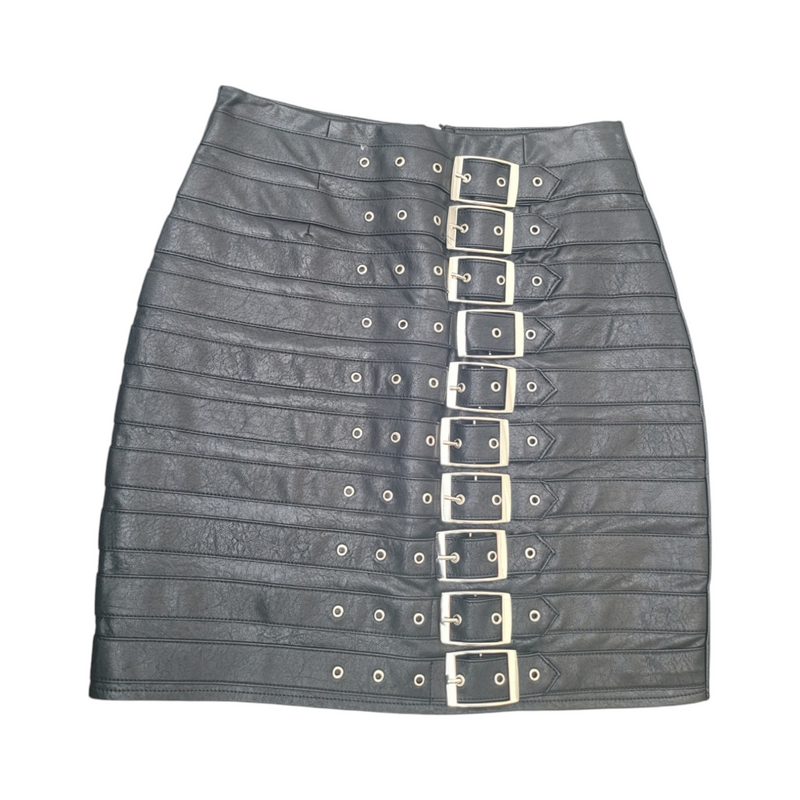 Striking Black PU Leather Skirt with Buckles and Back Zipper Size M (UK 6 fits UK 8)