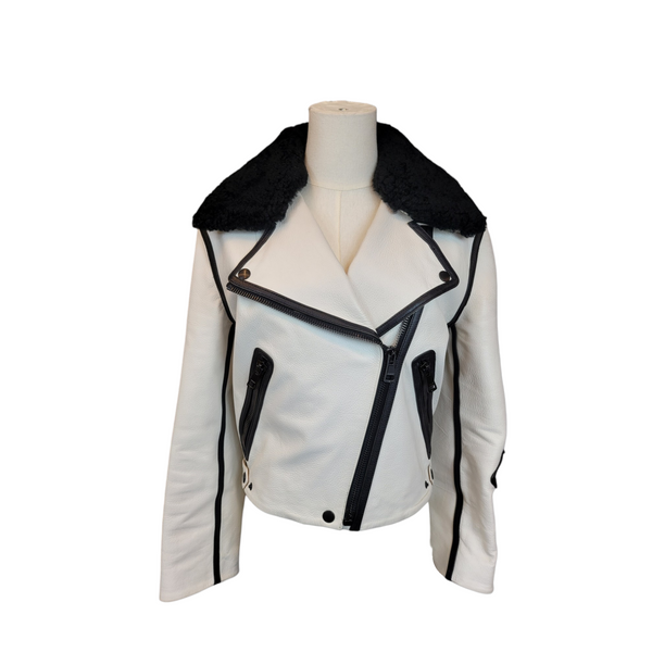 Acne Studios Limited Edition White Leather Bomber Jacket with Black Leather Outline, Size36