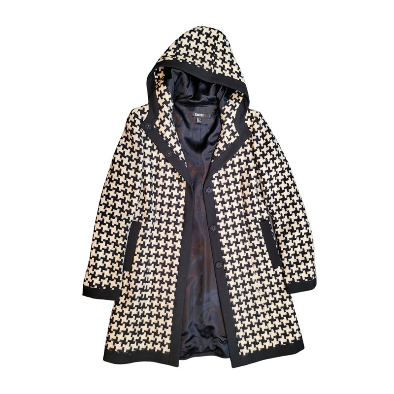 DKNY (US6 UK10) Girls Black/Off White Hounds Tooth 100% Wool Coat with Hood