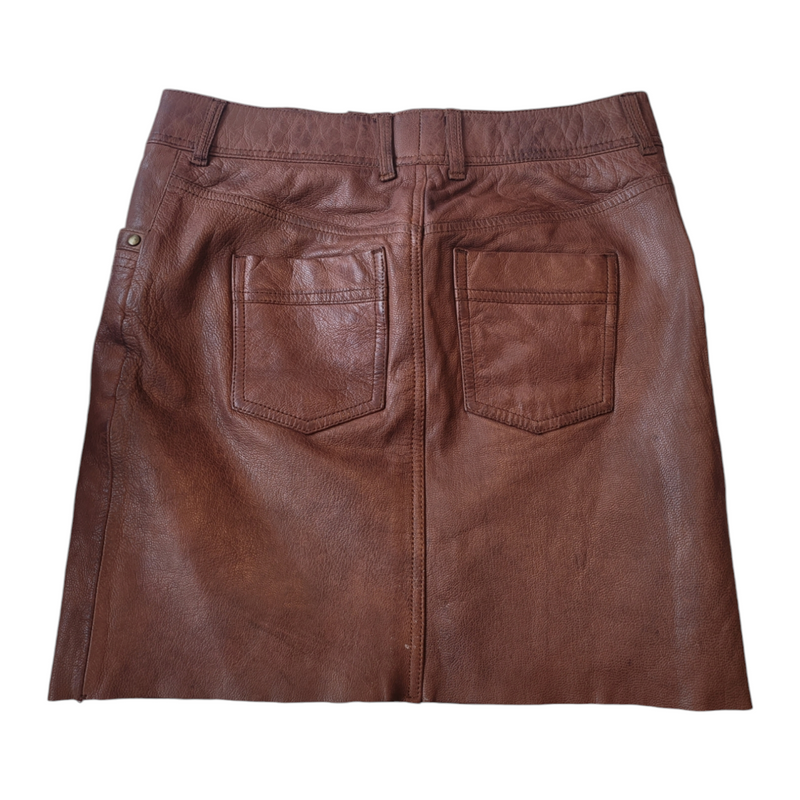 Indigo-Vintage Brown Leather Skirt Small Casual Style in Denim Cut Five Pocket With Belt Loops