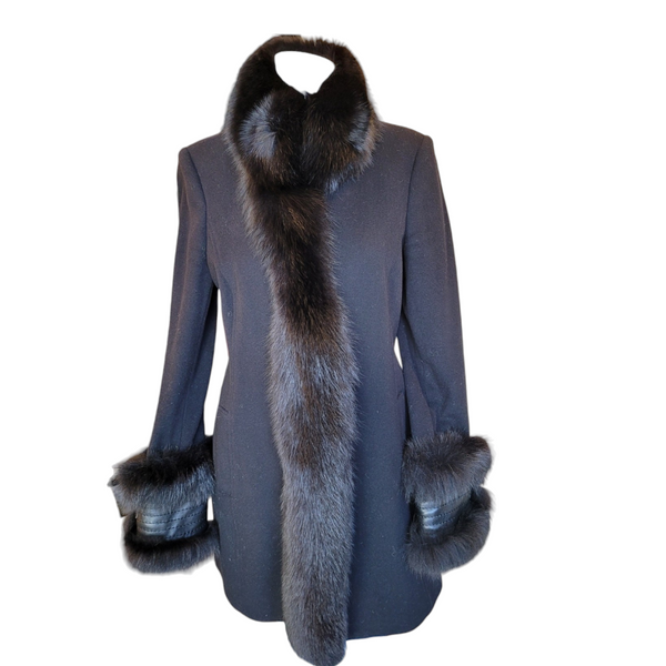 Flavio Castellani Black Single Breasted Coat with Fox Fur Finish, Size 42