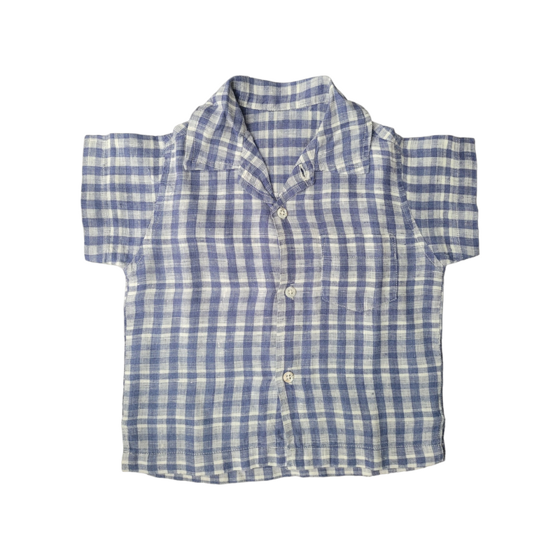 Good Bear Pure (1 Year) Blue Check Luxury Cotton Linen Baby Boys Shirt