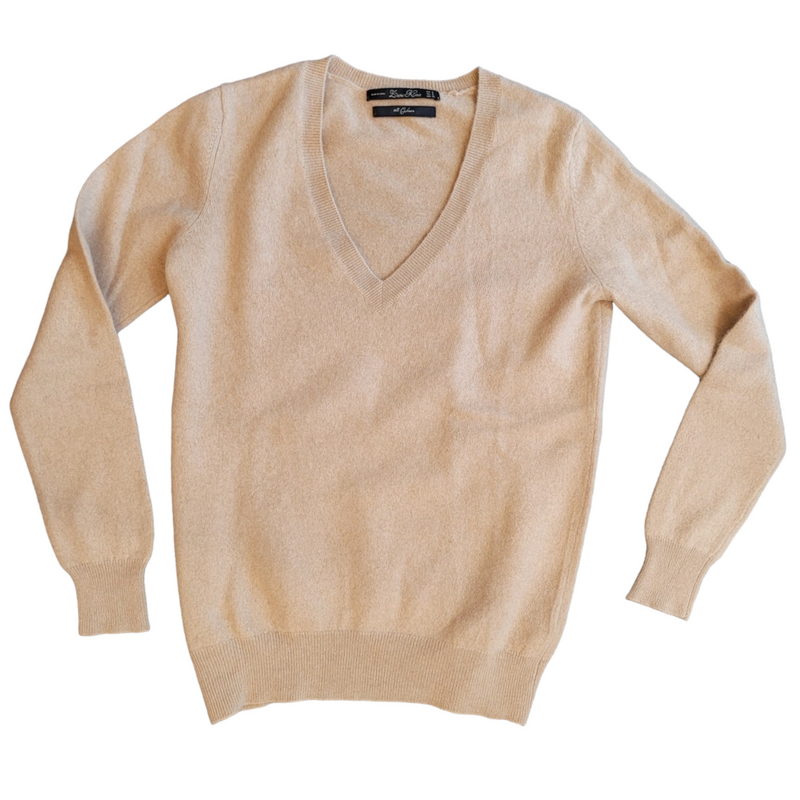 Zara Knit V-Neck Cashmere Jumper in Caramel, Size Small<