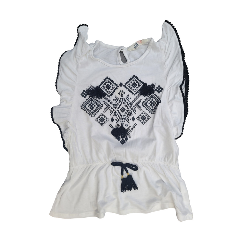 H&M (6-8 Years) White Cotton Stylish Aztec Gypsy Top with Tassels