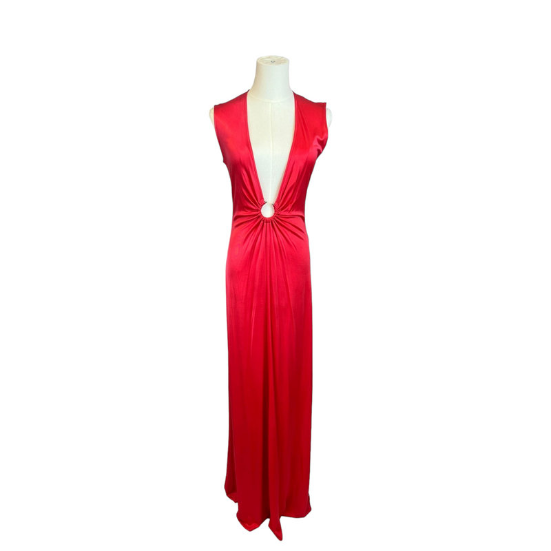 Stunning Pink Full Length Evening Gown with Plunging Neckline, Size Small