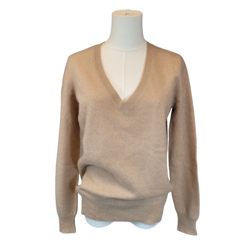 Zara Knit V-Neck Cashmere Jumper in Caramel, Size Small<