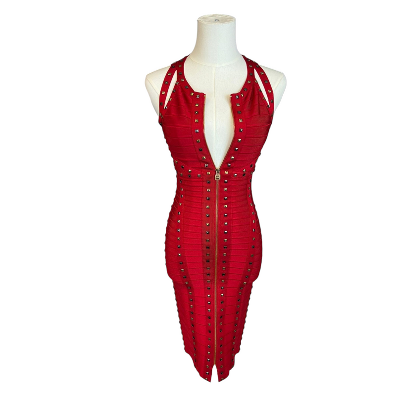 Herve Leger Stunning Red Dress with Multi Directional Zipper, Size XS