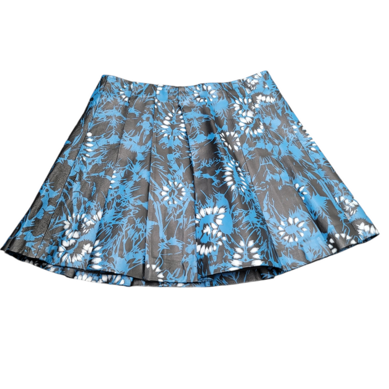 ASOS Blue/Black Pleated PU Leather Skirt UK8 with Abstract Flower Print