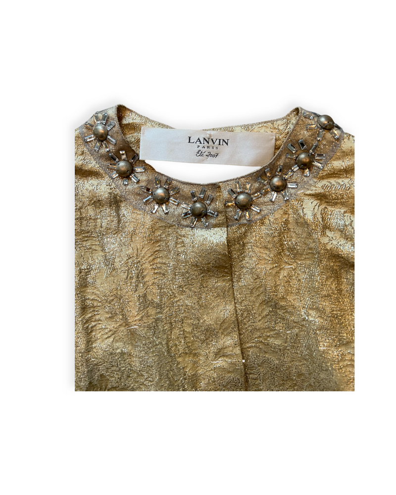 Lanvin Women's Brocade Crystal Jacket 38  Elegant Gold Floral Top with Flounce Sleeves