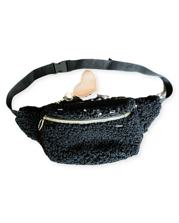 Boucle Fabric Bum Bag in Black Leather with Pink Heart Key Chain