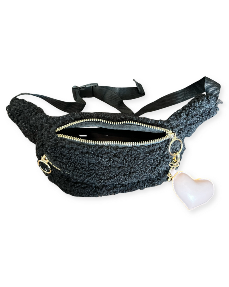 Boucle Fabric Bum Bag in Black Leather with Pink Heart Key Chain