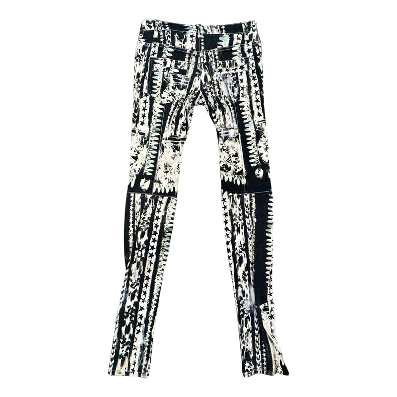 Balmain Woman’s Runway Biker Jeans Abstract Printed (French Size 36) Signature Buttons Ankle Zip