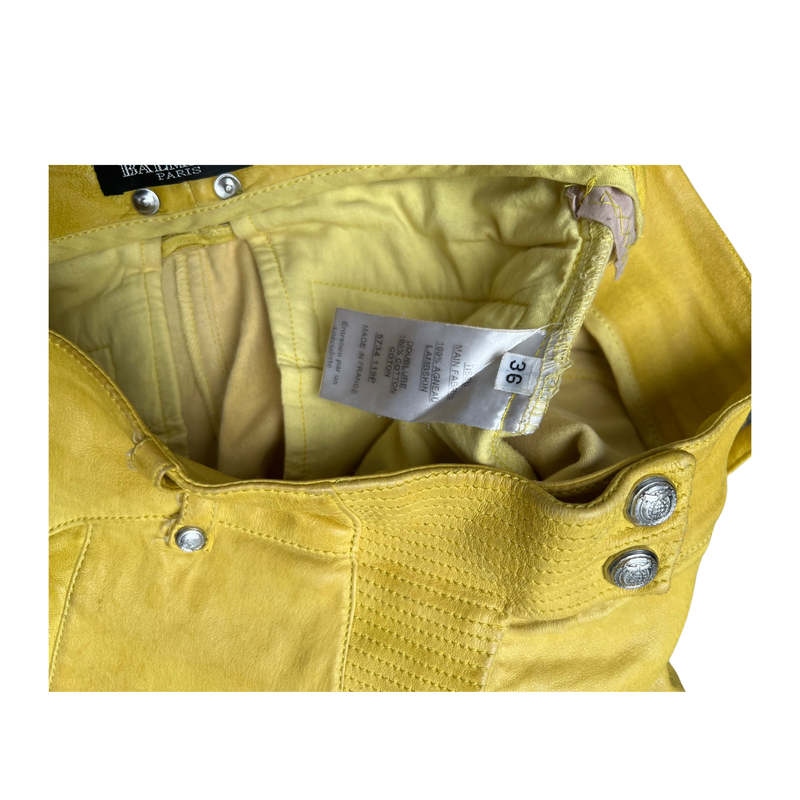 Balmain Woman’s Runway Yellow Leather Biker Jeans Size 36 Authenticity Guaranteed