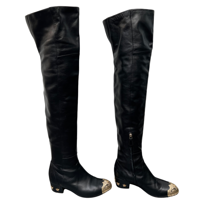 Stunning Chanel Black Leather Over Knee Boots with Gold Toe Cap and Marshall Star Heel Size 39