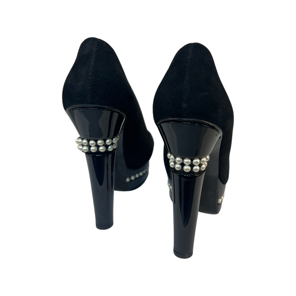 Chanel Suede Platform Shoes Stylish and Comfortable with Signature Patent and Pearl Detail 38.5