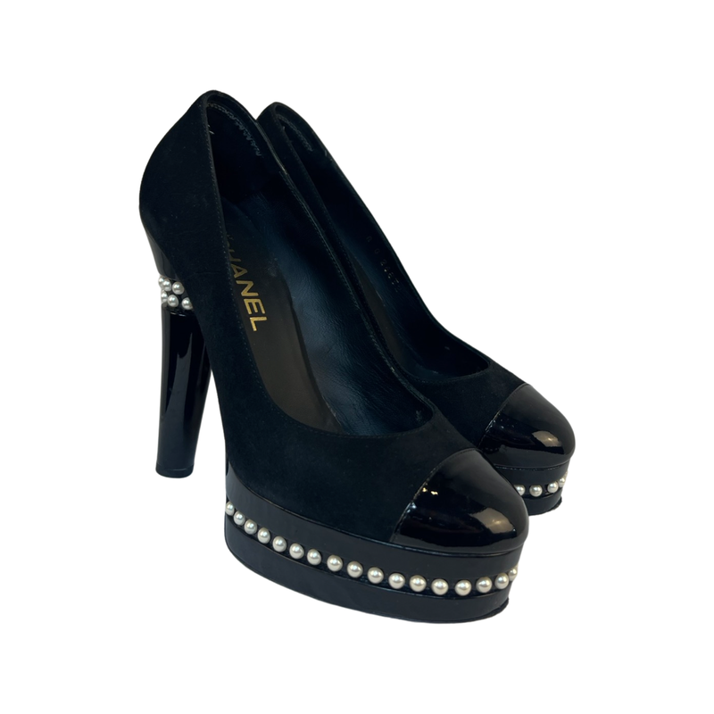 Chanel Suede Platform Shoes Stylish and Comfortable with Signature Patent and Pearl Detail 38.5