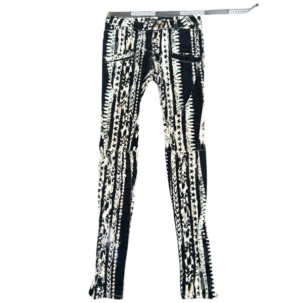Balmain Woman’s Runway Biker Jeans Abstract Printed (French Size 36) Signature Buttons Ankle Zip