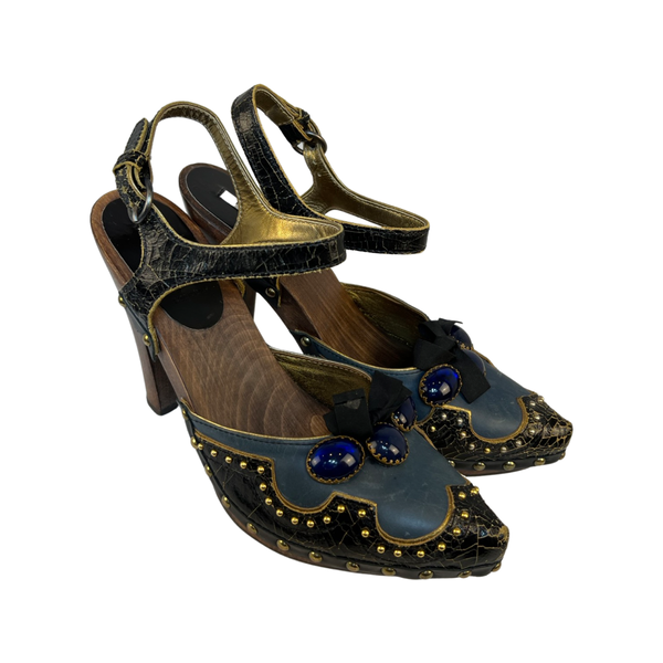 Stylish Miu Miu Wood Platform Clogs with Beaded Details Size 39 Excellent Condition