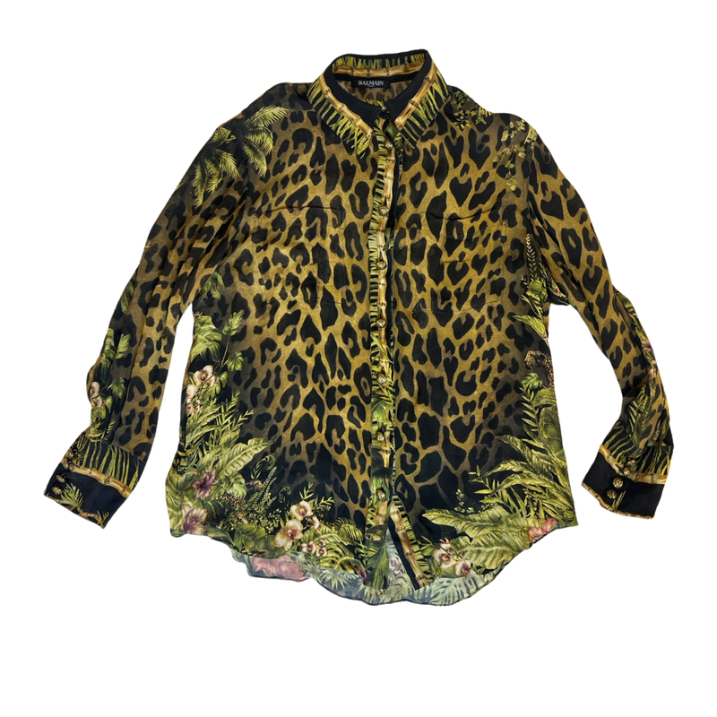 Stylish Balmain Silk Shirt Oversized  Leopard Jungle Print with Signature Gold Buttons - Size 36