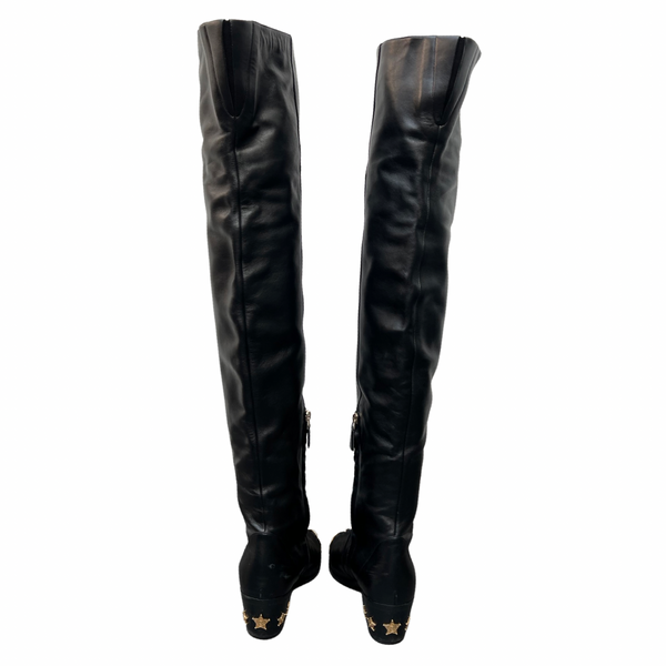 Stunning Chanel Black Leather Over Knee Boots with Gold Toe Cap and Marshall Star Heel Size 39