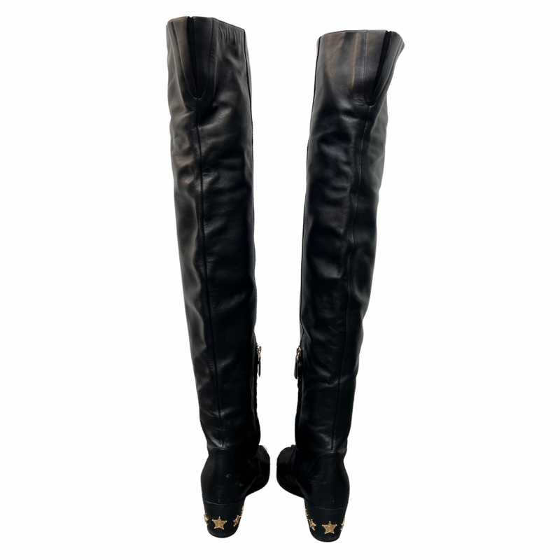 Stunning Chanel Black Leather Over Knee Boots with Gold Toe Cap and Marshall Star Heel Size 39