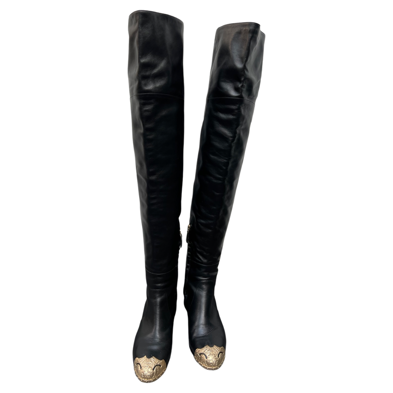 Stunning Chanel Black Leather Over Knee Boots with Gold Toe Cap and Marshall Star Heel Size 39