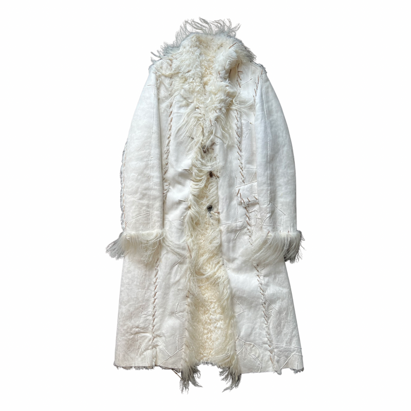 Elegant White Beige Flattering Mid-Length Shearling Coat Size 38