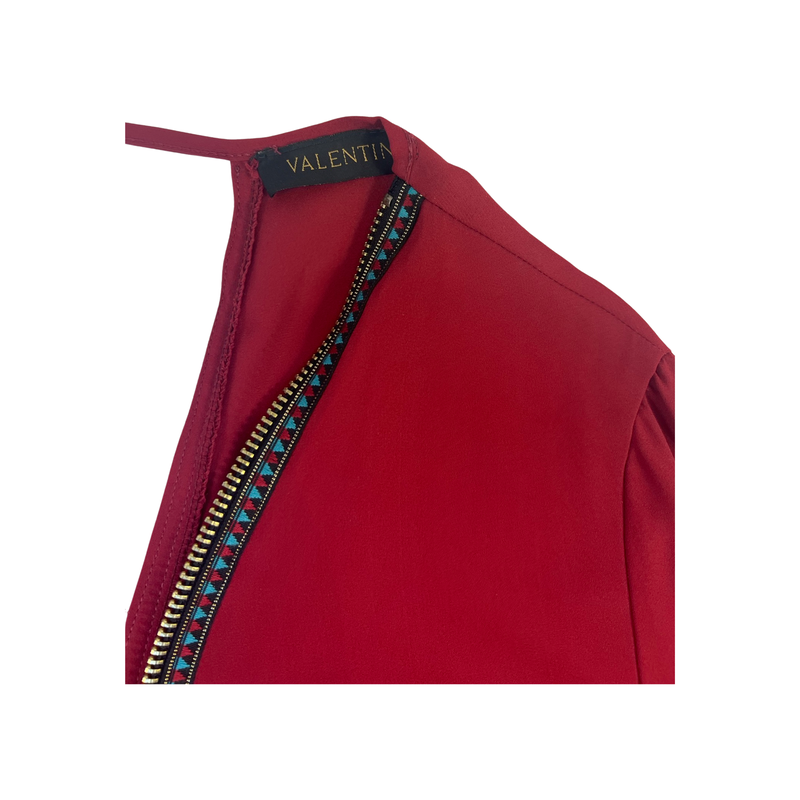 Valentino Red Crepe Top with Tassel Zip and Detailed Back - Size 40, Excellent Condition