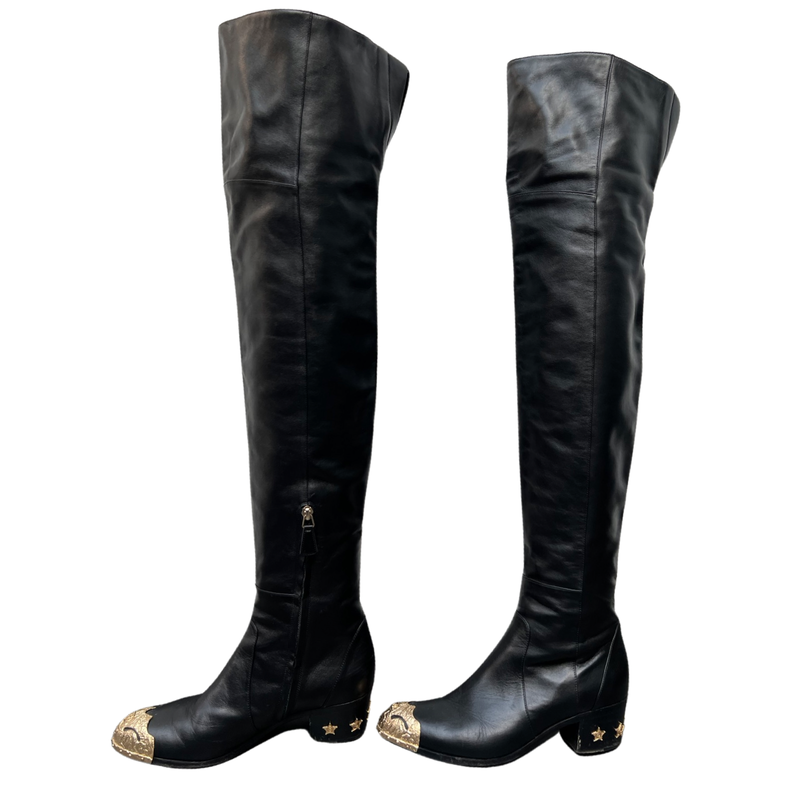 Stunning Chanel Black Leather Over Knee Boots with Gold Toe Cap and Marshall Star Heel Size 39