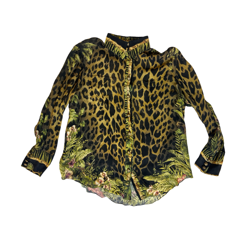 Stylish Balmain Silk Shirt Oversized  Leopard Jungle Print with Signature Gold Buttons - Size 36