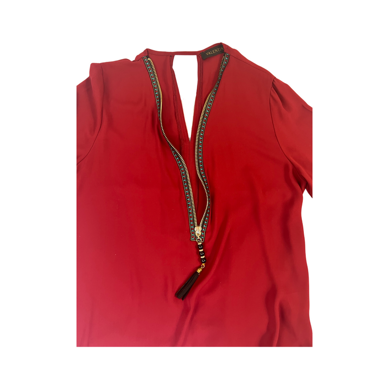 Valentino Red Crepe Top with Tassel Zip and Detailed Back - Size 40, Excellent Condition