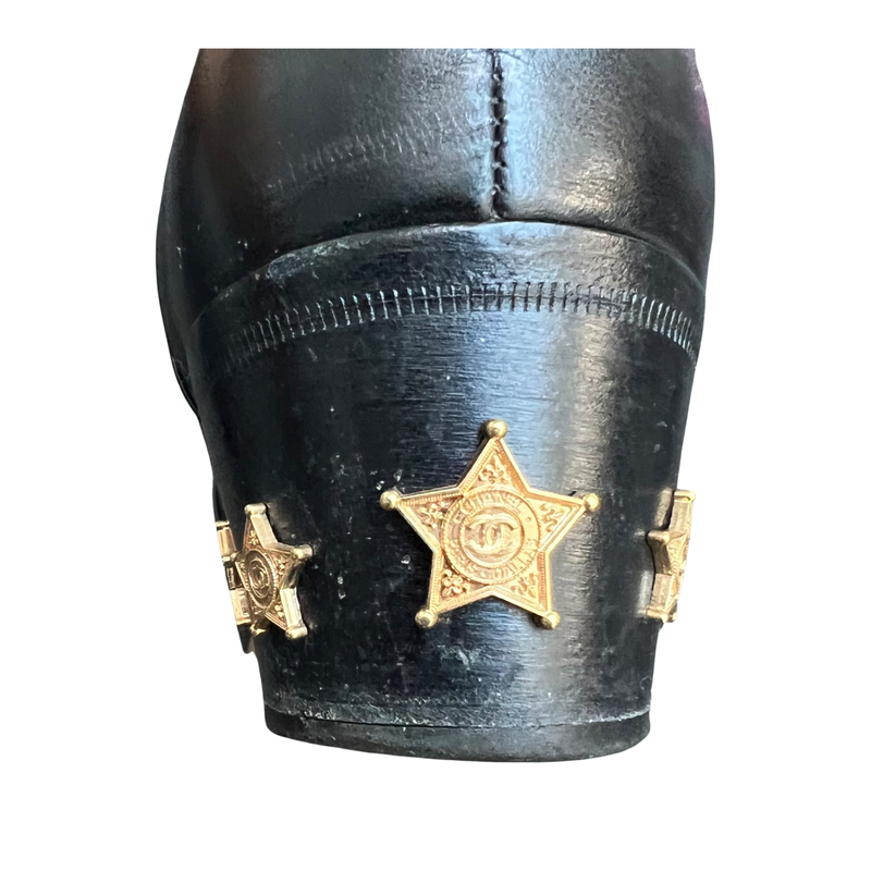 Stunning Chanel Black Leather Over Knee Boots with Gold Toe Cap and Marshall Star Heel Size 39