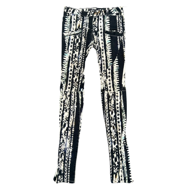 Balmain Woman’s Runway Biker Jeans Abstract Printed (French Size 36) Signature Buttons Ankle Zip