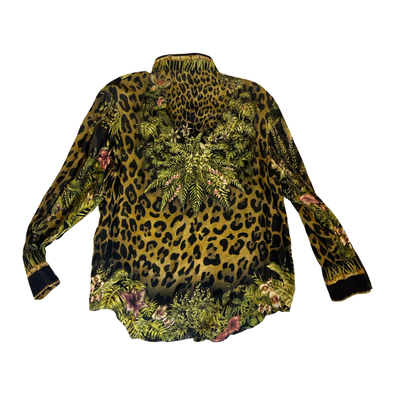 Stylish Balmain Silk Shirt Oversized  Leopard Jungle Print with Signature Gold Buttons - Size 36