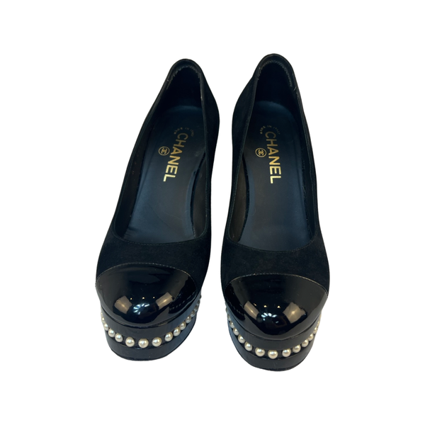 Chanel Suede Platform Shoes Stylish and Comfortable with Signature Patent and Pearl Detail 38.5