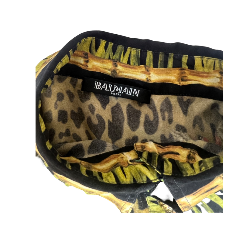 Stylish Balmain Silk Shirt Oversized  Leopard Jungle Print with Signature Gold Buttons - Size 36